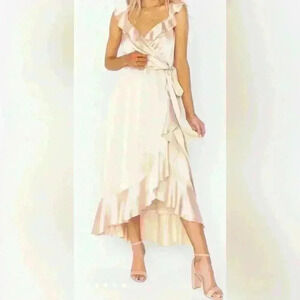 Samantha Ruffle Wrap Dress Champagne Satin Size XL NWOT